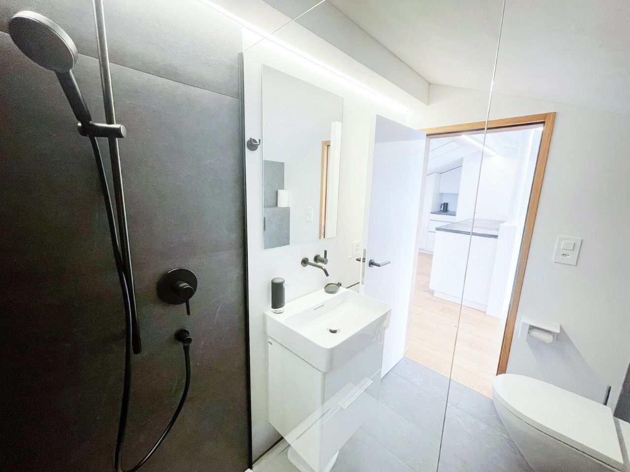 Modernes Bad mit Dusche/WC (Modernes 'silent' WC von Laufen)